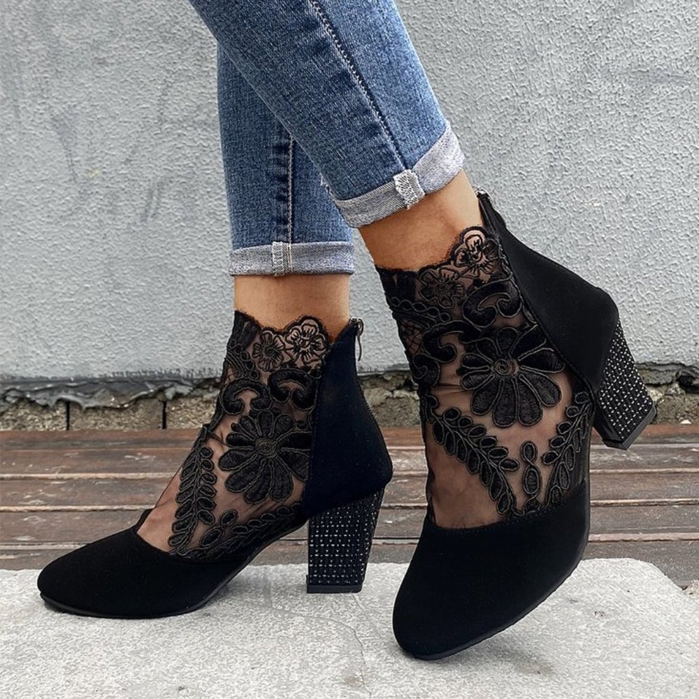 Black Floral Mesh-Accent Booties